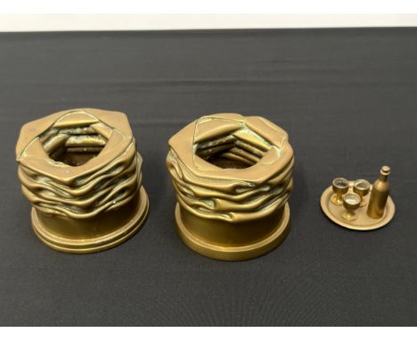 WW1 British Trench Art made from two unfinished shell cases which have been squashed down. Plus a brass miniature tray, wine 