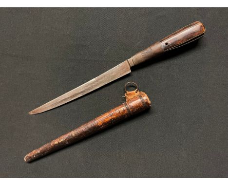 A Middle Eastern/African dagger, 18.5cm blade with armourer's mark, wire-bound wooden grip, leather scabbard, 33cm long overa