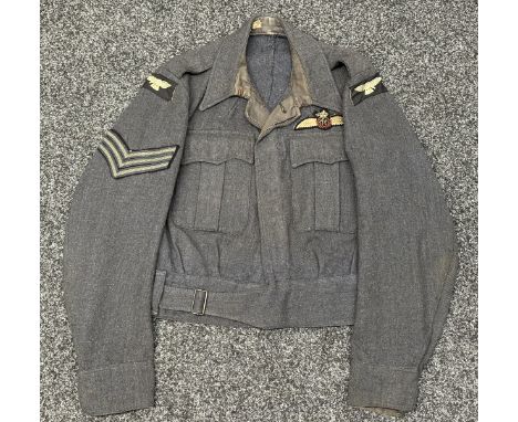 WW2 British RAF Sgt Pilot's Battledress Blouse. Pilots wings are crudely senw in place. Machine woven RAF insignia to shoulde