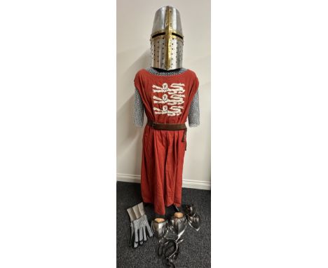 Replica 12th/13th Century Haubergeon Chain Mail Suit of Armour along with Great Helmet in steel with brass detail, Red Tabard