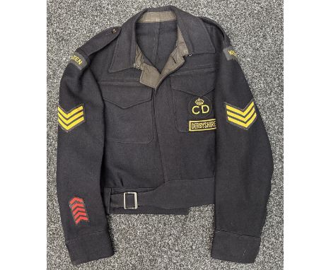 WW2 Blouse ARP 57 with printed Warden shoulder titles. Printed Sgt's stripes to sleeves. Embroidered "Kings Crown CD" and "De