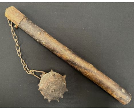 Morning Star with cast iron studded ball affixed to a chain with 400mm long wooden handle. Victorian copy. 