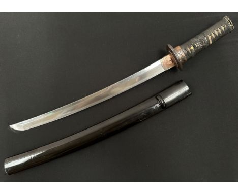 Japanese Wakizashi Sword with single edged blade 370mm in length with faint almost straight Hamon line to the cutting edge. T