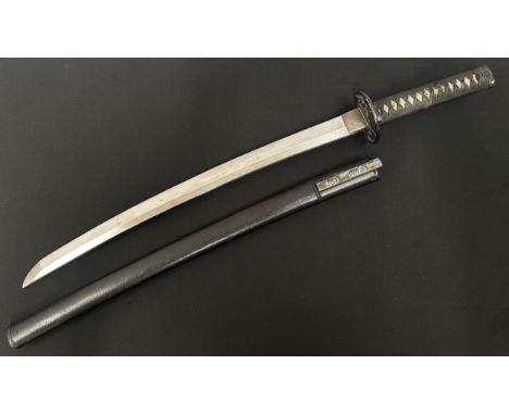 Japanese Wakizashi Sword with single edged blade 555mm in length. Edge of blade which has been sharpened. Tang is not signed 