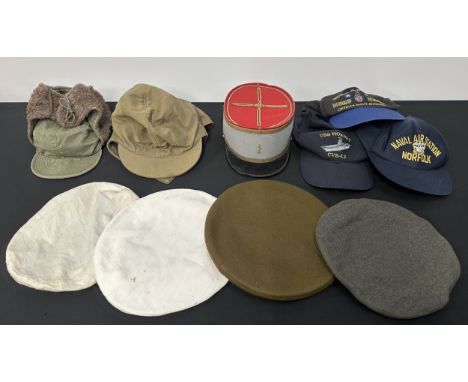 Post War US Navy Deck Cap size 7 1/4: WW2 US Army Fur Pile Cold Climate Cap, both labels washed out: Army, USMC and Navy Cap 