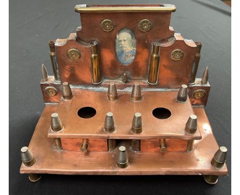 WW1 Austro-Hungarian Trench Art Desk Set. Made from copper sheet and inset with an oval colour portrait of Austrian Emperor F