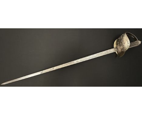 WW1 British Officers 1897 pattern Sword with fullered single edged blade with etched decoration to both sides with GRV Cypher