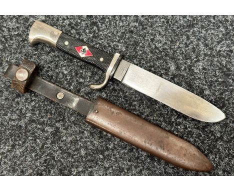 WW2 Third Reich Hj Fahrtenmesser Hitler Youth knife with single edged blade 130mm in length, transistion pattern with makers 