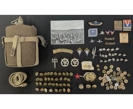 Mixed militaria to include: WW2 British Home Guard printed shoulder title, uniform removed: Denim BD buttons and KD / BD unif