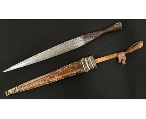 African Dagger with double edged blade 290 mm in length. Leather bound grip. Overall length 430 mm. Complete with leather sca