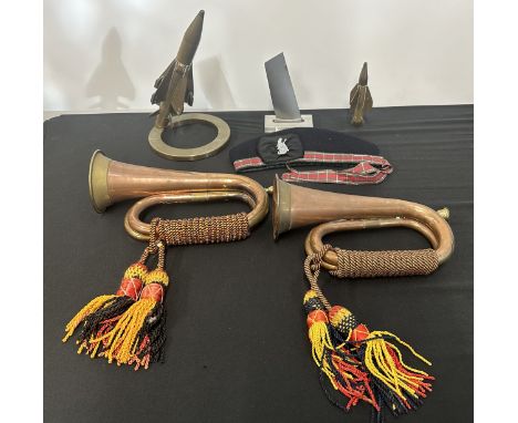 Brass Trench Art Missiles x 2, Bugles x 2, Rotor blade from Harrier Jump Jet, Glengary Hat. 