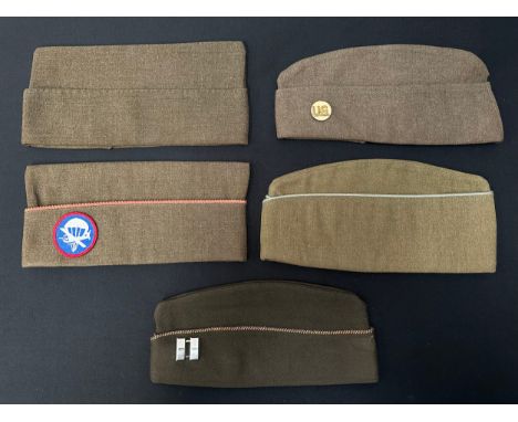 WW2 US Army Overseas Caps x 5. One in Officers Chocolate with USAAF piping and Captains rank insignia and leather sweatband m