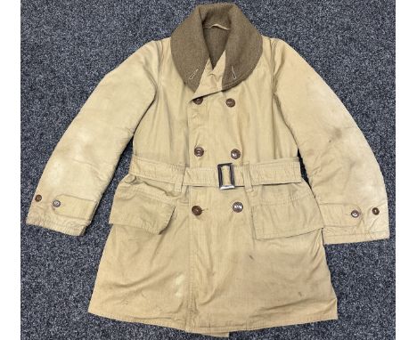 WW2 US Army Mackinaw Jacket with Woolen Shawl Collar. Tan Cotton Duck outer. Complete with belt. No label. Size approx. 36 in