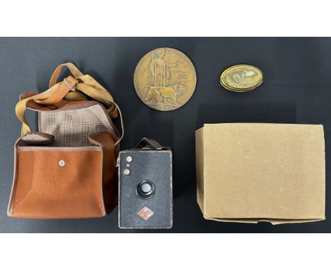 WW1 British Death Plaque to Joseph Belfield along with an empty WW2 Civilian Respirator cardboard box of issue, Agfa Box Came