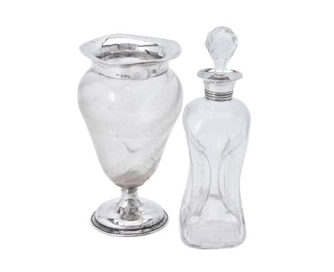 An Edwardian silver collared clear glass glug-glug decanter by J. C. Plimpton &amp; Co., Chester 1905, 25.5cm (10in) high; an