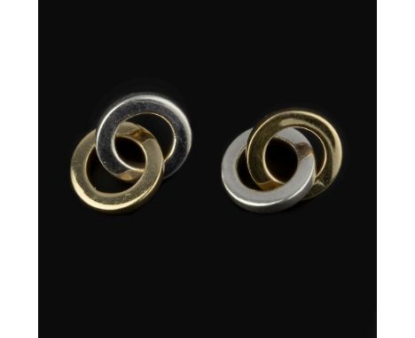 A pair of earrings by Tiffany &amp; Co., the interlocking silver coloured hoop and gold coloured hoop with stud fittings, sig