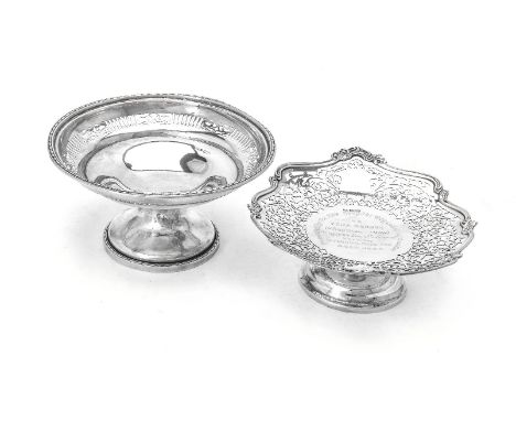 Two silver pedestal baskets, the taller circular by Joseph Rodgers &amp; Sons, Sheffield 1924, 21.5cm (8 1/2in) diameter; and