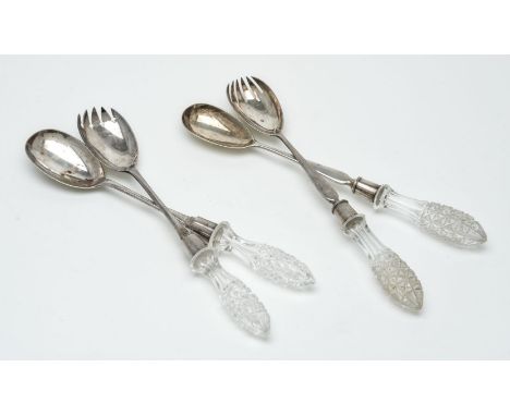 Two pairs of silver salad servers, by John Aldwinckle &amp; Thomas Slater, London 1886; and by W. W. Harrison &amp; Co., Shef