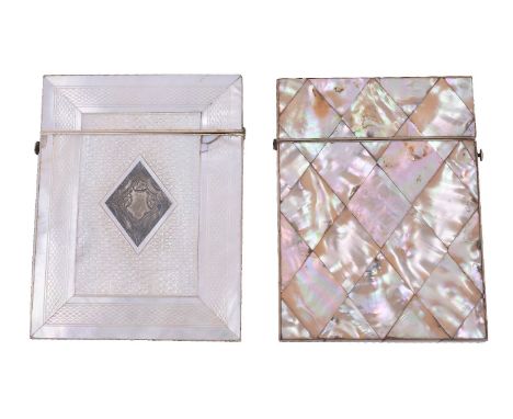 ϒTwo Victorian mother of pearl veneered card cases, one with an inset silver coloured lozenge engraved with a vacant cartouch