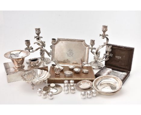 A collection of silver, silver coloured and plated wares, including: a French export dressing table tray, 1840-79 large artic