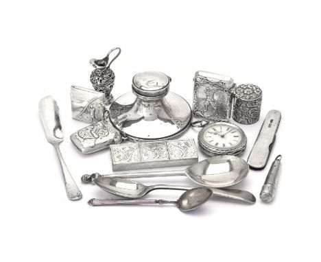 A collection of small silver, including: a Swiss open face key wind fob watch, the case by Kay &amp; Co. Ltd, Birmingham 1895