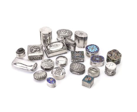 Eighteen silver coloured small boxes, various 20th century dates, various standards, one set with a hard stone and four ename