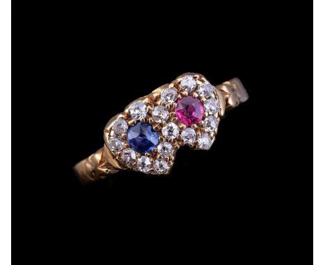 An 18 carat gold late Victorian diamond, ruby and sapphire double heart ring, the circular cut ruby and sapphire within a sur