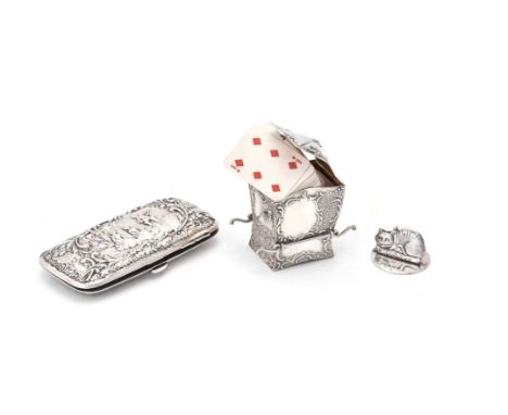 Three items of small silver: a late Victorian novelty box for small playing cards by Samuel Jacob, London 1900, in the form o