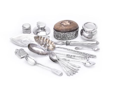 A collection of silver and silver coloured flatware, including: a Chinese export berry spoon; a French export serving slice, 