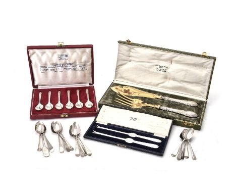 A small collection of silver flatware, comprising: a pair of lobster picks by Harrison Brothers &amp; Howson, Sheffield 1912,