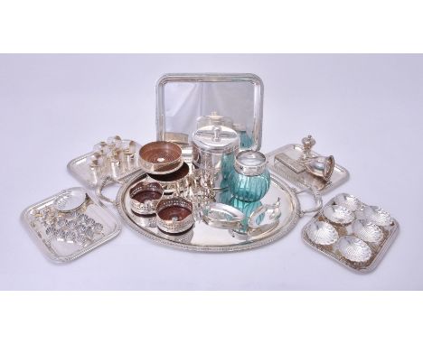 A collection of silver mounted and plated wares, the silver comprising: a pair of coasters by J. A. Campbell, London 1997, 14