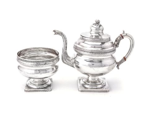 An American silver tea or coffee pot and sugar basin by William Mannerback, Reading, PA, circa 1830, the pot with a flower fi