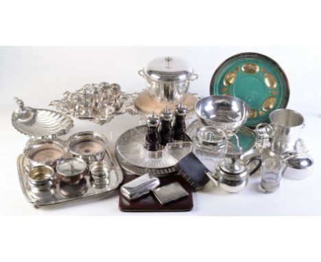 An accumulation of silver plate, including: a pedestal fruit or nut dish with a squirrel handle by Walker &amp; Hall; a pair 