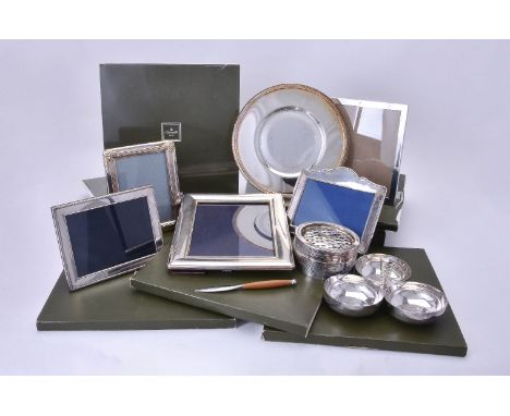A collection of electro-plated wares, including: boxed under plates by Christofle; a conical four piece tea and coffee servic