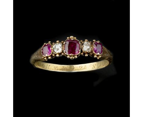 A Victorian ruby and diamond five stone ring, the cushion cut rubies interspaced with old cut diamonds, approximately 0.08 ca