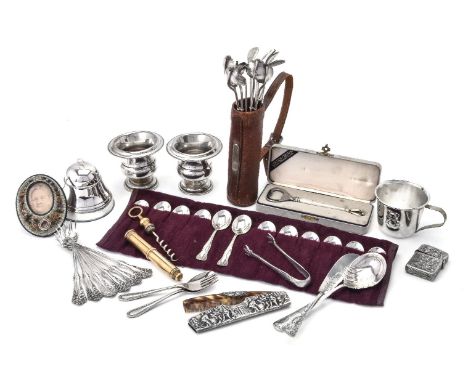 A collection of silver and base metal items, including a Danish silver coloured and steel bottle opener by W. &amp; S. Sorens