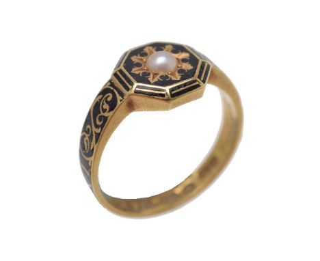 A Victorian 18 carat gold enamel and pearl memorial ring, the octagonal black enamel panel centrally set with a half pearl, o