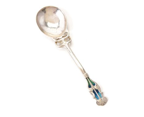 An Arts and Crafts silver and enamel spoon by William Hutton &amp; Sons, London 1904, the hammered ovoid bowl with two openwo