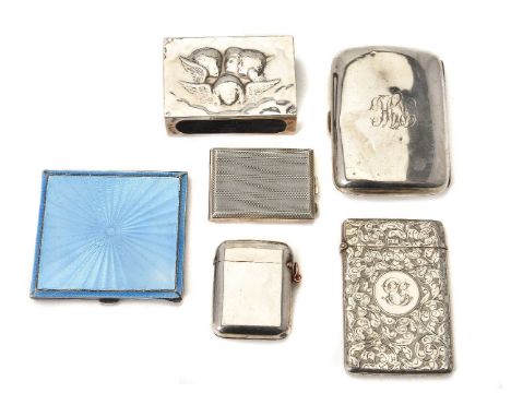 Six silver small boxes, including: a blue guilloche enamelled cigarette case by Mappin &amp; Webb, Birmingham 1936; a late Vi