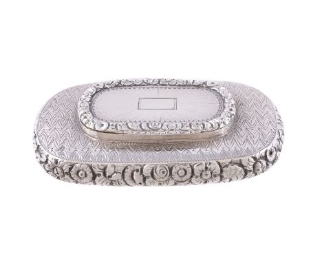 A George IV silver oblong snuff box by Joseph Willmore, Birmingham 1820, the oblong central cover with a vacant reserve on a 