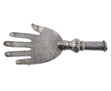 An Indian silver parcel gilt Hand of Fatima staff finial, 19th century, an alam in the form of the hamsa or hand of Fatima, t