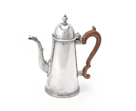 A silver straight-tapered coffee pot by S. J. Phillips Ltd, London 1977 (jubilee mark), with a turned ball finial to the dome