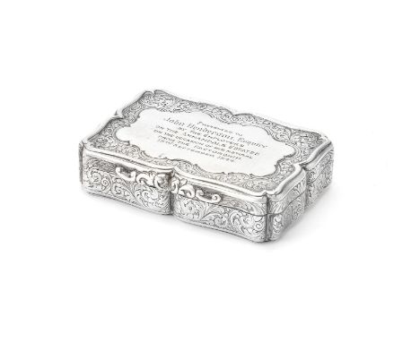 A Victorian silver shaped rectangular table snuff box by Nathaniel Mills, Birmingham 1847, scroll foliate engraved overall, w