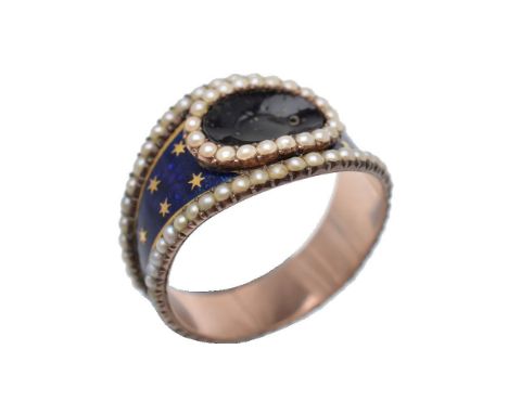 A Regency enamel and seed pearl ring, circa 1820, the blue enamel band with star detail, set with seed pearls, finger size O