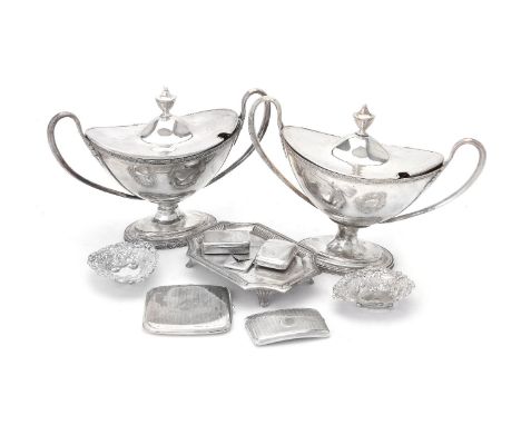 A group of silver small boxes and related, including: a George III tea pot stand by John Robins, London 1798, rectangular wit