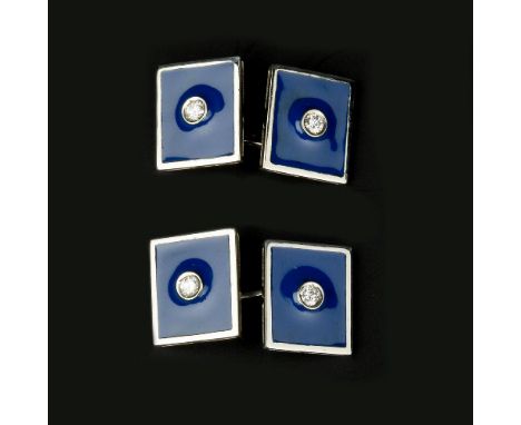 A pair of enamel and diamond double sided cufflinks, the rectangular panels with blue enamel, each set with a brilliant cut d
