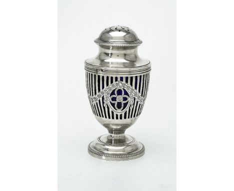 A silver sugar vase shape caster by The Goldsmiths &amp; Silversmiths Co. Ltd, London 1911, the dome centred cover with bayon