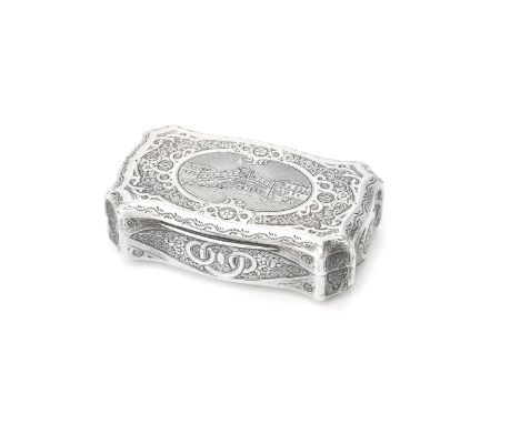 A 19th century French silver shaped rectangular snuff box, 1839-1879 export mark, the cover engraved with the Rialto Bridge, 