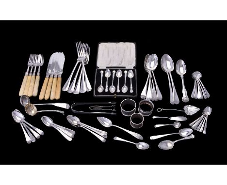 ϒA collection of silver flatware, George III and later makers and dates; Four ivory handled fish knives and forks by Allen & 