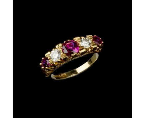 An 18 carat gold ruby and diamond five stone ring, set with alternating circular cut rubies and brilliant cut diamonds, appro